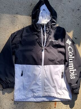 Columbia White and Gray Hooded Athletic Jacket with Blue Trim